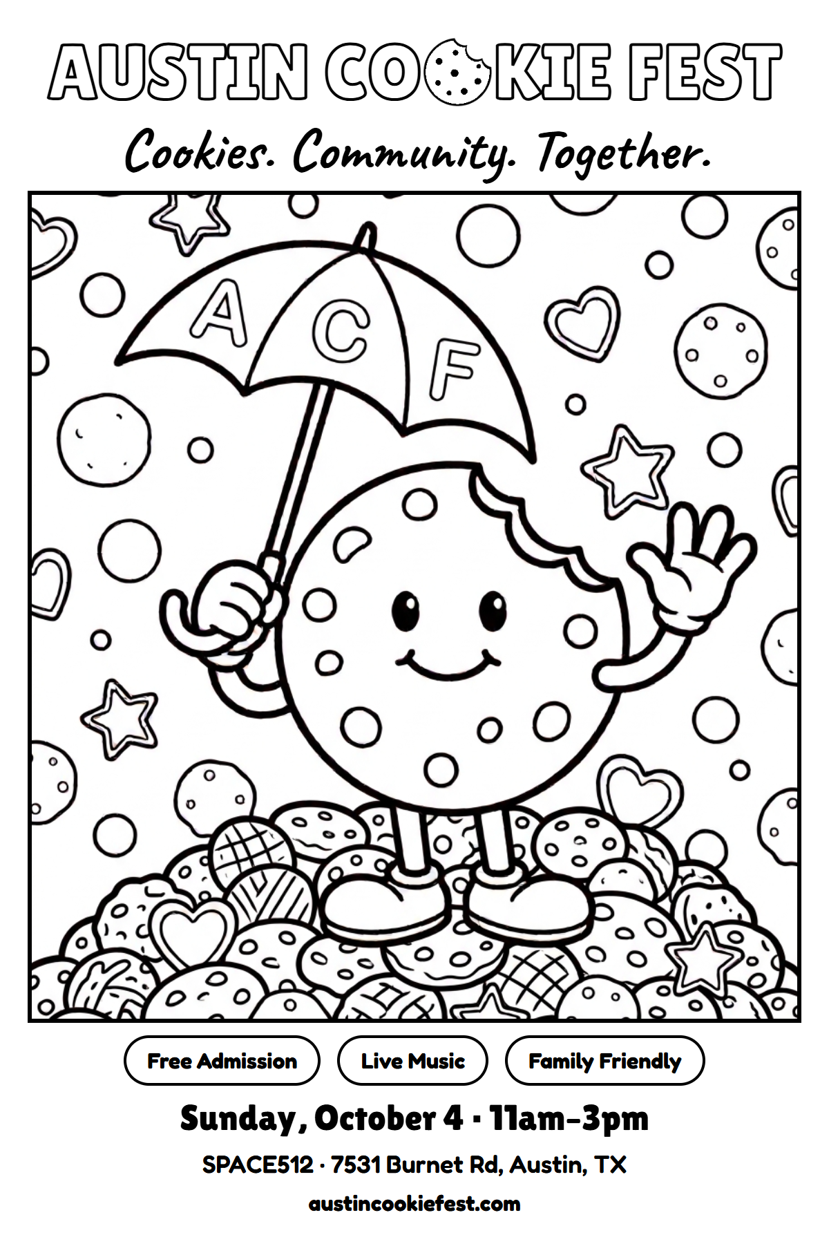 Austin Cookie Fest kids coloring sheet, black and white